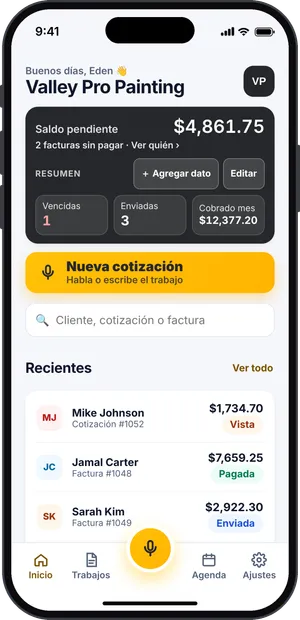 Pantalla de inicio de SpeakBid con el saldo pendiente y las cotizaciones recientes