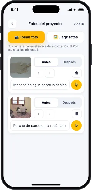 Pantalla Fotos del proyecto con dos fotos de Antes y sus descripciones
