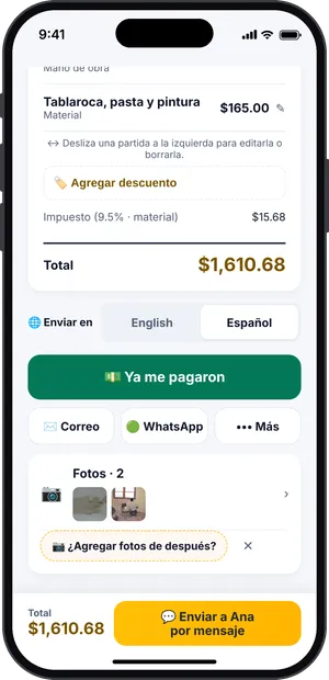 Pantalla de la factura con las fotos de la cotización y el botón ¿Agregar fotos de después?
