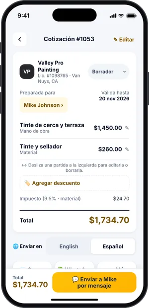 Una cotización lista con el botón para enviar al cliente